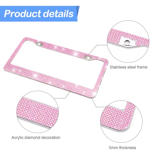 Crystal Diamond License Plate Frame, 2 Hole Stainless Steel Holder with Screw Caps, Universal Car Accessory N806374