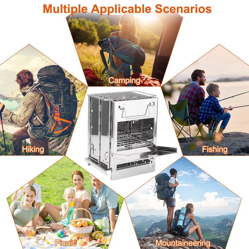 Folding Wood Burning Camp Stove, Portable Stainless Steel Backpacking Stove with Carry Bag V596178