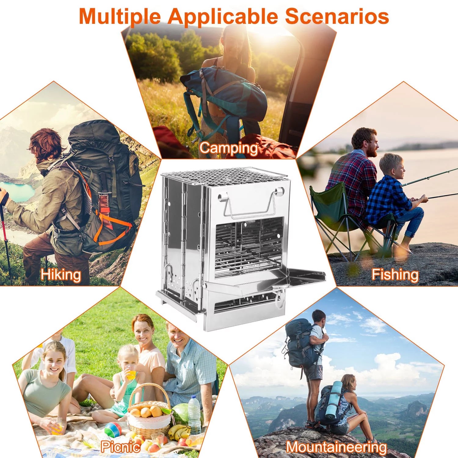 Folding Wood Burning Camp Stove, Portable Stainless Steel Backpacking Stove with Carry Bag V596178
