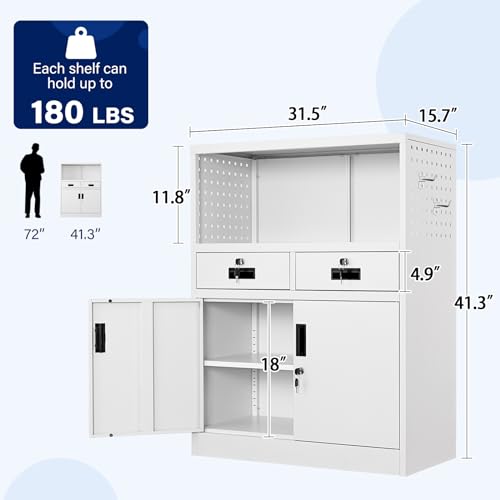 Locking Cabinet with 2 Drawers, Metal Storage Cabinet with Locking Doors and Shelves J89434