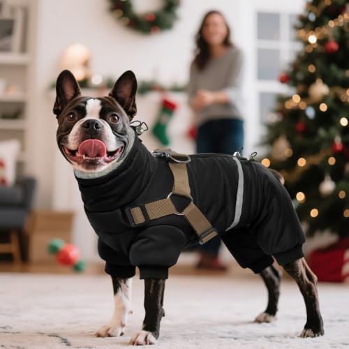 Black Dog Winter Coat with Harness, Reflective Waterproof Jacket for Small Dogs O43201