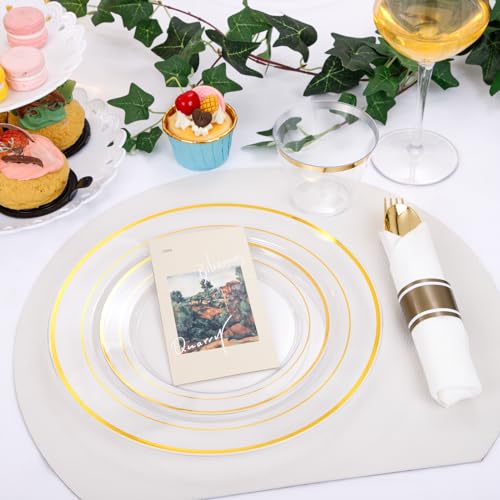 350PCS Clear Gold Plastic Dinnerware Set for 50 Guests, Disposable Plates, Cups & Silverware N692
