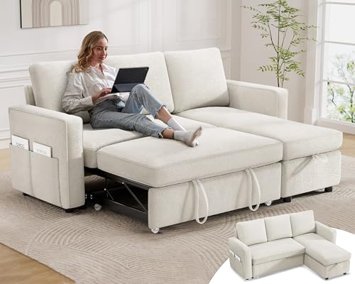 81" Sleeper Sofa Bed with Pull Out Bed, L Shaped Couch Sectional Sleeper Sofa, Pull Out Couch with Reversible Storage Chaise, Side Pockets, Tool-Free Assembly, Chenille Beige