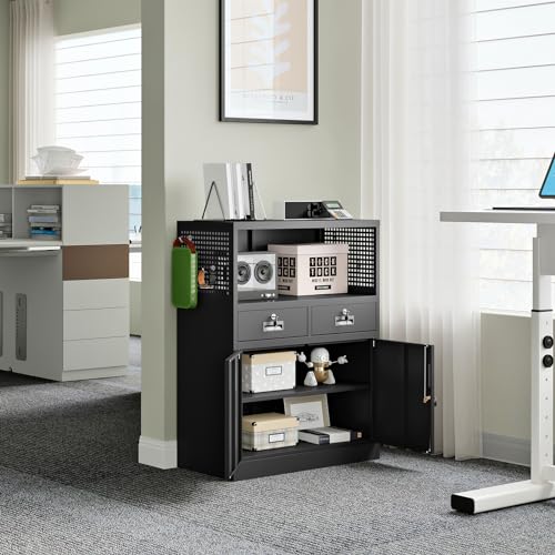 Locking Cabinet with 2 Drawers, Metal Storage Cabinet with Locking Doors and Shelves J89434