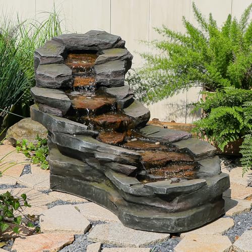 37" Outdoor Garden Water Fountain, 5-Tier Rock Waterfall with LED Lights H197