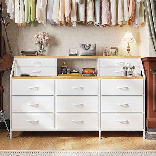 55" Dresser with 13 Fabric Drawers and 2 Open Shelves, Rustic Brown K688