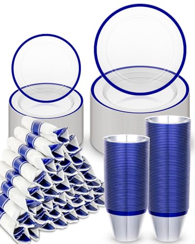 Disposable Plates Set for 50 Guests, Plastic Dinnerware with Cups and Napkins J193
