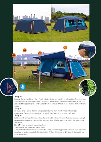 Extra Large Family Cabin Tent 2 Rooms 3 Doors 3 Windows Waterproof for Camping H460