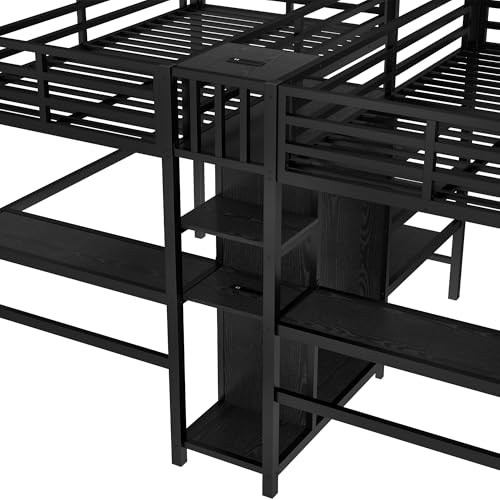 Metal Loft Bed with Wardrobe and L-Shaped Desk, Full Size with Storage Cubes and Shelves J450846