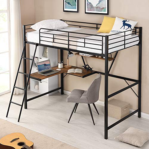 Full Loft Bed with Desk, Storage Shelves, and Wardrobe, Heavy-Duty Frame, Black K6320