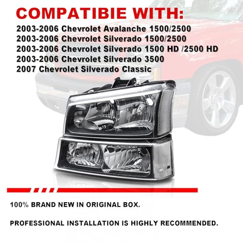 Headlights Assembly with LED Sequential Signal for Chevy Silverado Avalanche 2003-2006, Black Housing V223796
