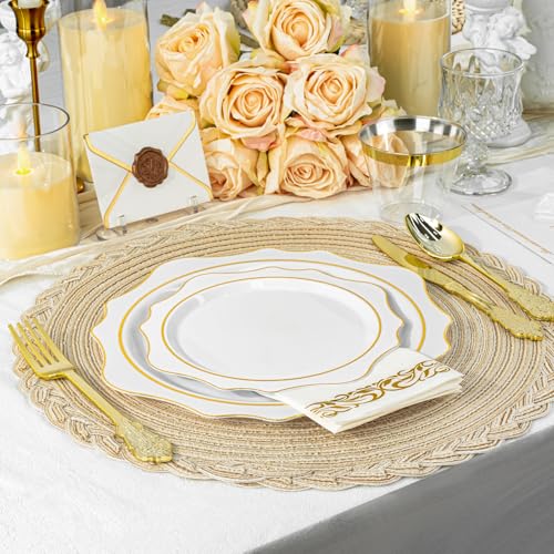 350 PCS Gold Plastic Plates with Cups, Silverware and Napkins for Party L8169
