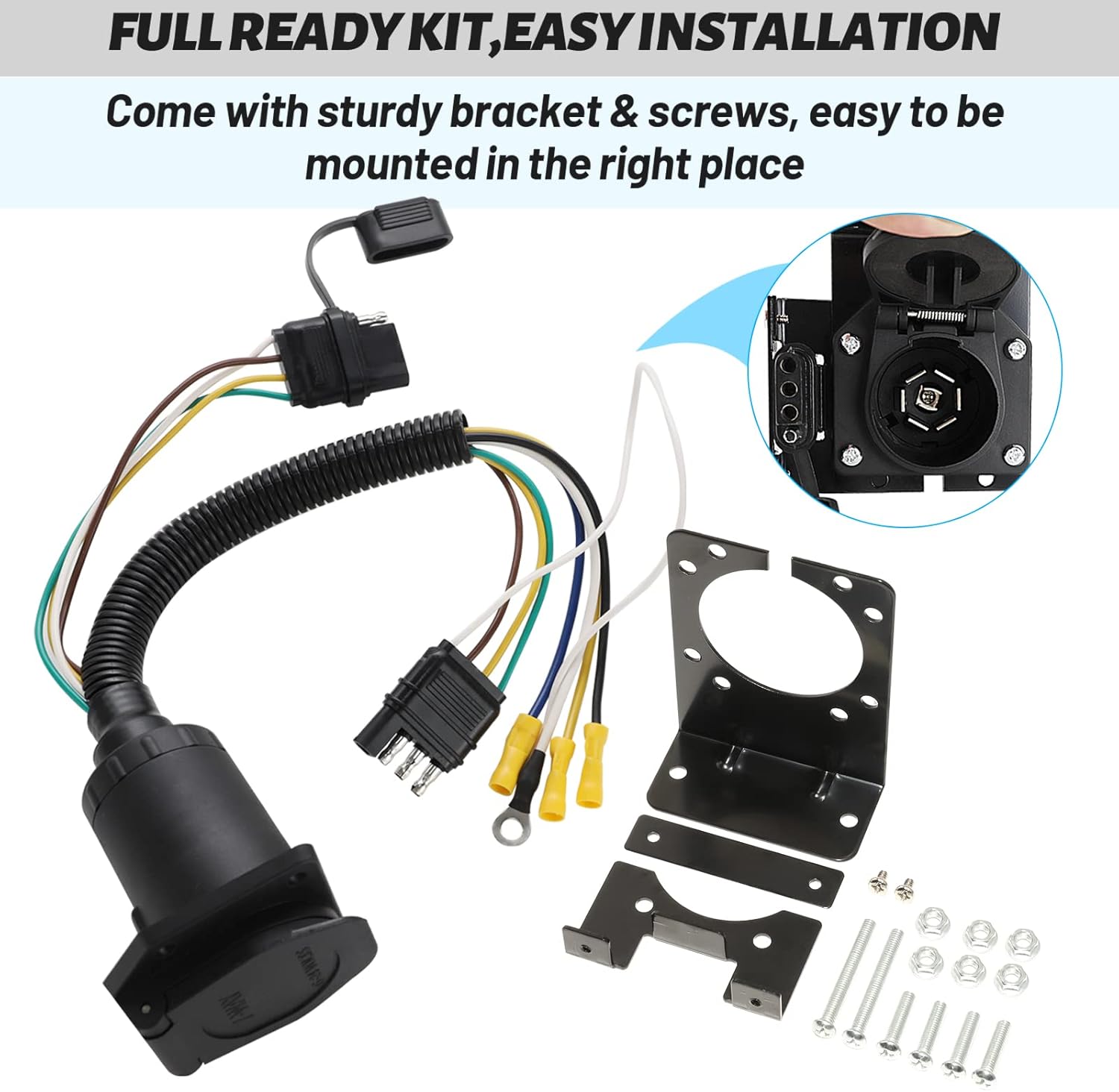 4-Way Flat to 7-Way RV Blade Trailer Wiring Adapter with Mounting Bracket J6048