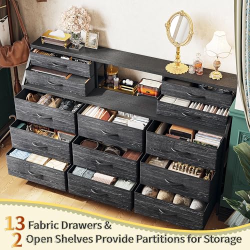 55" Dresser with 13 Fabric Drawers and 2 Open Shelves, Rustic Brown K688