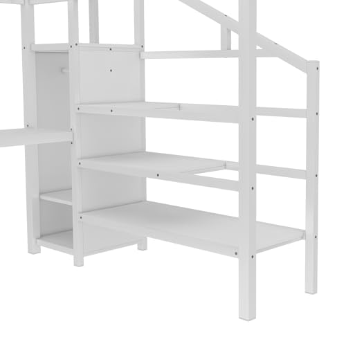 Queen Size Loft Bed with LED Lights, USB Ports and L Shaped Desk T2498