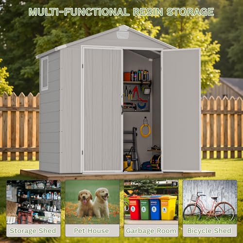 6×8FT Plastic Outdoor Storage Shed with Floor, Lockable Double Door J5369