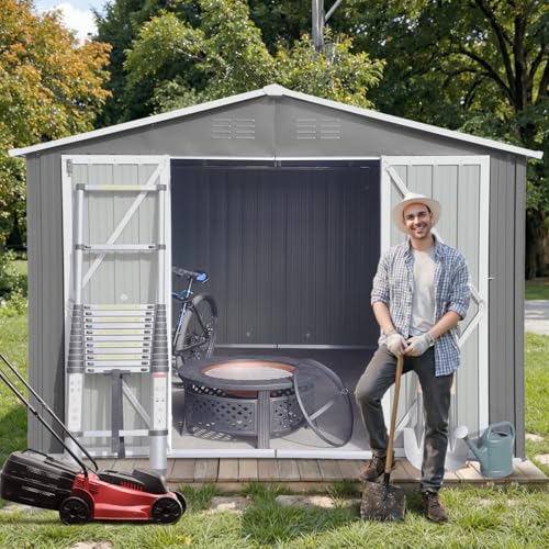 Outdoor Storage Shed, Metal Garden Tool Shed with Lockable Doors, Grey H911924