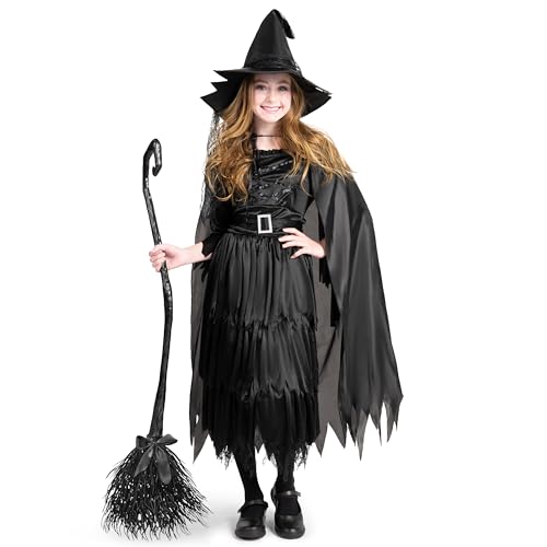 Kids Witch Costume with Broom and Hat, Halloween Party Dress, XL R9875