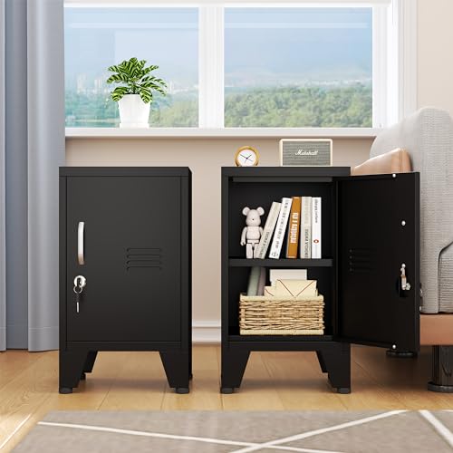 Black Metal Nightstand with Storage Cabinet and Shelves M836