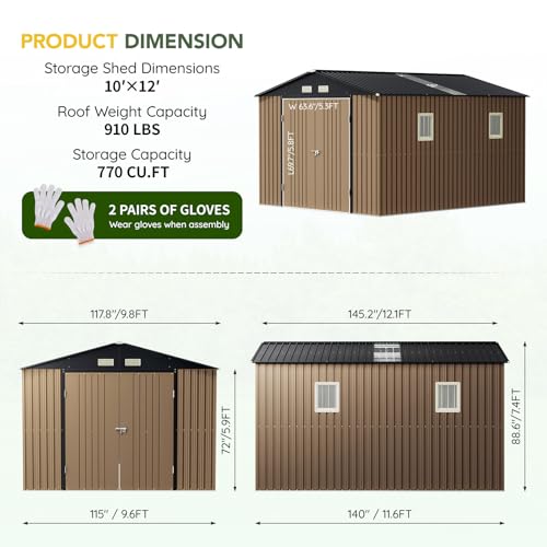 Outdoor Storage Shed 10 x 12 ft Metal Garden Utility with Lockable Doors U582216