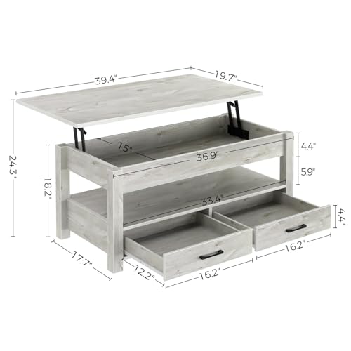 Lift Top Coffee Table with Drawers and Hidden Compartment, Wooden Retro Design for Living Room N4328