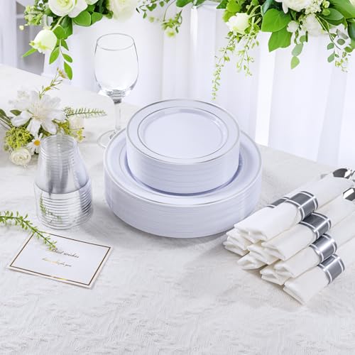 350PCS Clear Gold Plastic Dinnerware Set for 50 Guests, Disposable Plates, Cups & Silverware N692