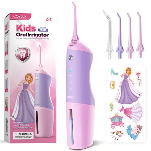 Water Dental Flosser for Kids, Oral Irrigator, Portable Water Deep Cleaning Teeth Pick, 4 Modes for Ages 6+ Safe Waterproof Dental Flosser Rechargeable with 4 Jet Tips for Gums Braces Care F5023