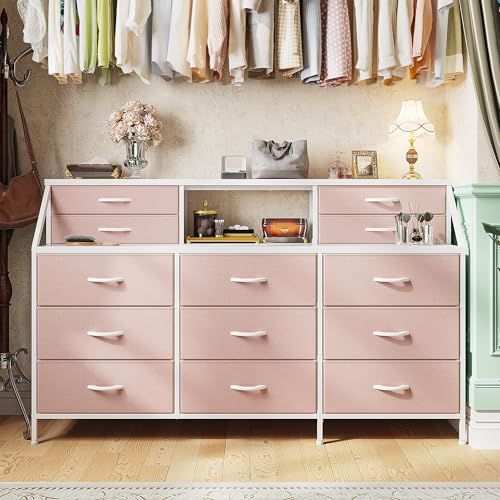 55" Dresser with 13 Fabric Drawers and 2 Open Shelves, Rustic Brown K688
