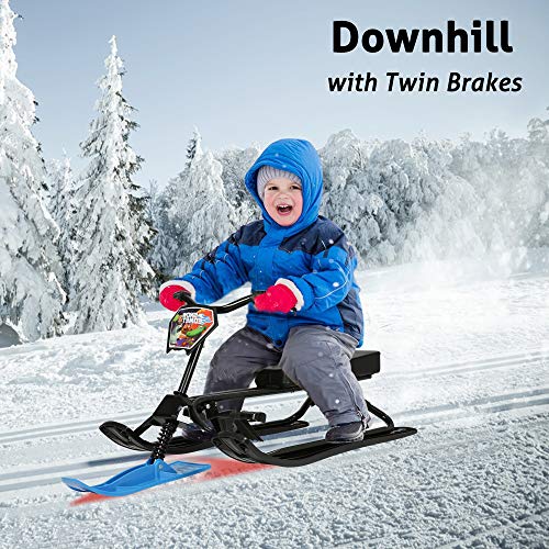 Snow Racer Sled with Steering Wheel and Twin Brakes for Kids Teens Winter Sport X37066