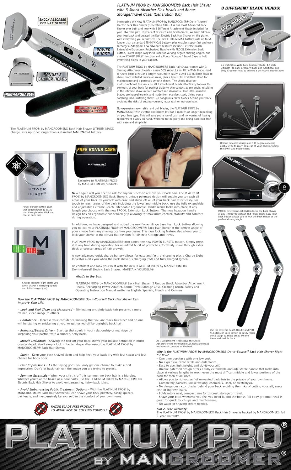 Back Shaver with 3 Flex Heads, Power Hinge, Extreme Reach Handle, 4 Piece Set V247
