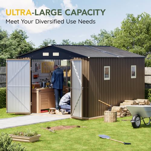 Outdoor Storage Shed 10 x 12 ft Metal Garden Utility with Lockable Doors U582216