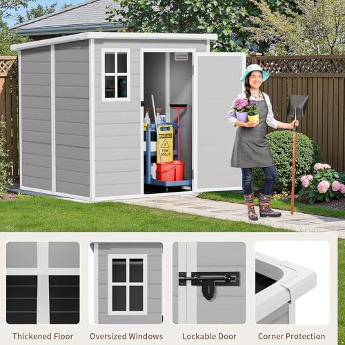 Resin Outdoor Storage Shed with Floor and Window, Lockable Small Tool Shed for Garden Patio Backyard, Light Gray V985
