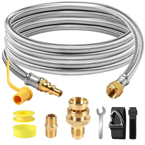 Propane Hose, 12FT Stainless Steel Quick Connect Hose for RV, 1/4'' Quick Disconnect Connect for RV to Gas Grill, Compatible with 1 LB Portable Appliance to RV 1/4" Female Quick Disconnect