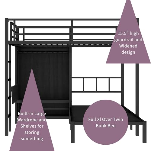 Metal Bunk Bed with Wardrobe Full XL Over Twin L-Shaped with Desk and Shelves R307