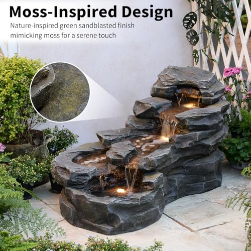 37" Outdoor Garden Water Fountain, 5-Tier Rock Waterfall with LED Lights H197