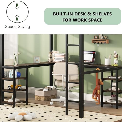 Full Size Loft Bed with Wardrobe and L-Shaped Desk, Metal with Storage Cubes, White Q15057