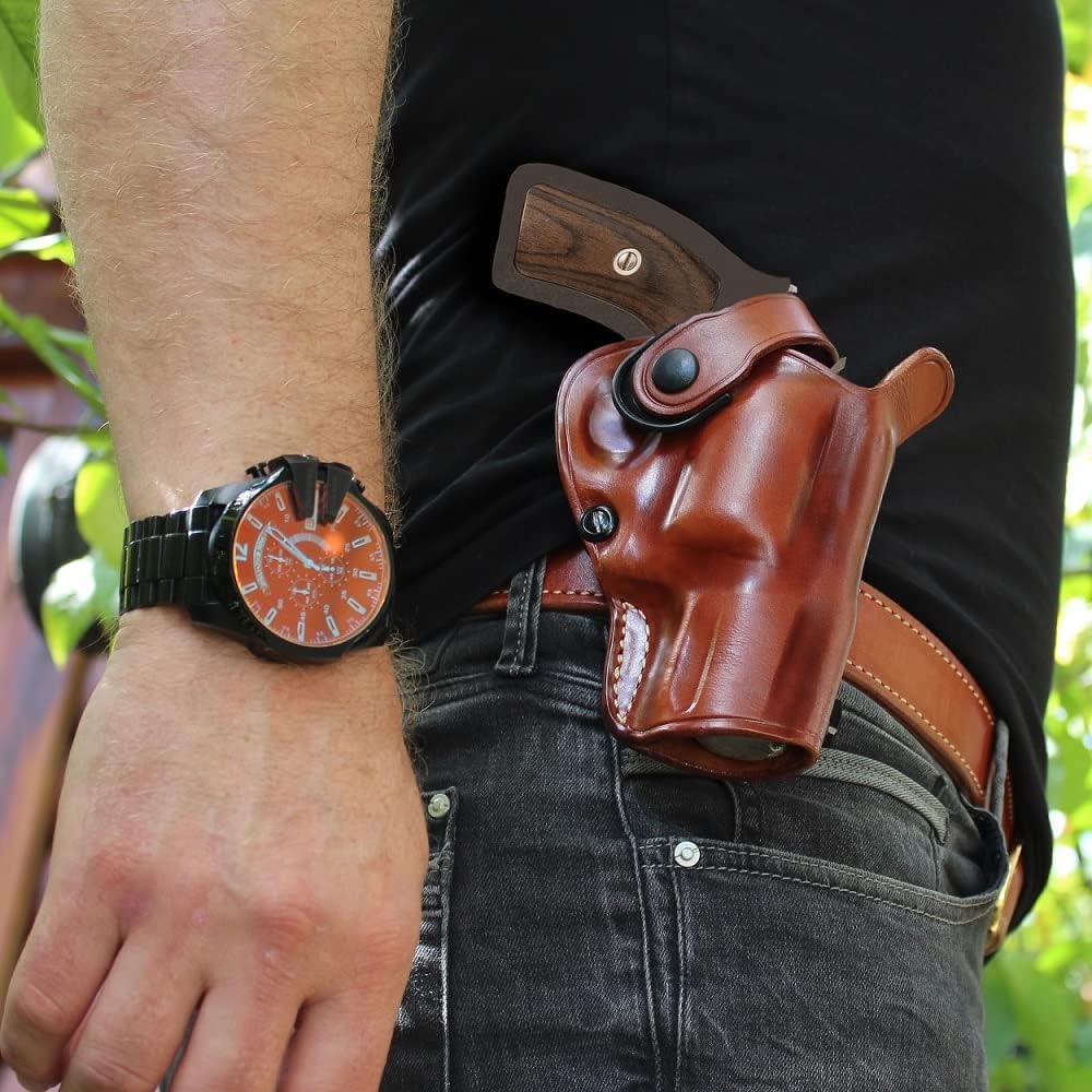 Leather OWB Revolver Holster with Retention Strap, Brown H80163