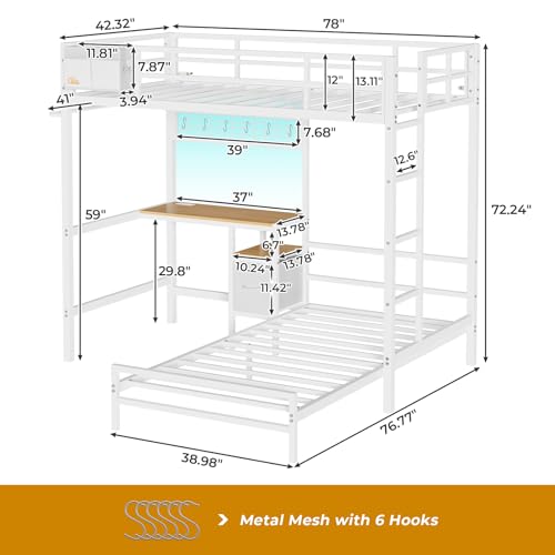 Twin Over Twin Bunk Bed with Desk, Charging Station and LED Lights F705929