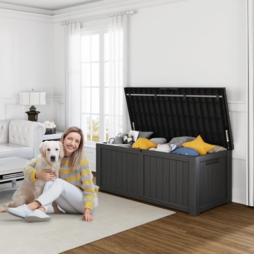 100 Gallon Resin Deck Box, Lockable Patio Outdoor Storage, Waterproof - Black F75230