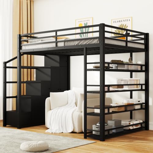 Full Size Loft Bed with Wardrobe and L-Shaped Desk, Metal with Storage Cubes, White Q15057