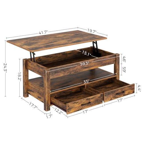 Lift Top Coffee Table with Drawers and Hidden Compartment, Wooden Retro Design for Living Room N4328
