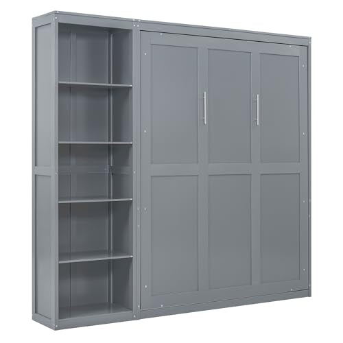 Queen Murphy Bed with Storage Bookcase Shelves, Wood Folding Grey Wall Bed Cabinet I26548