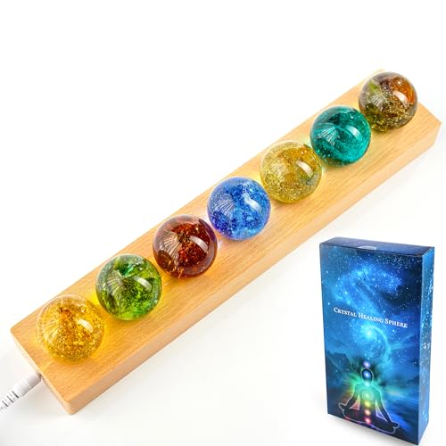 Crystal Glass Balls 1.5 Inch Decorative Set with LED Wooden Base Night Light V349