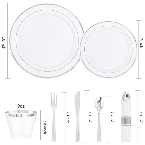 350PCS Clear Gold Plastic Dinnerware Set for 50 Guests, Disposable Plates, Cups & Silverware N692