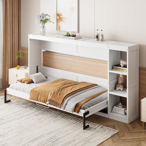 Full Size Horizontal Murphy Bed with Shelves, Foldable into Cabinet W154373