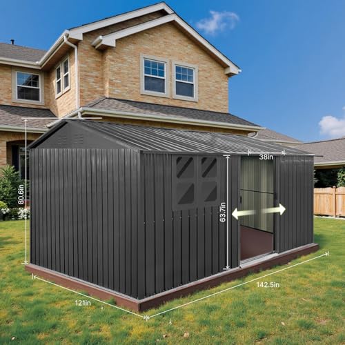 10 x 8 ft Outdoor Storage Shed, Metal Building with Windows and Lockable Doors, Grey Q206