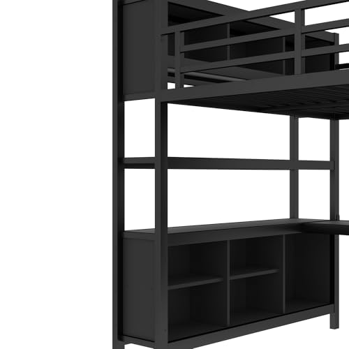 Full Loft Bed with Desk, Storage Shelves, and Wardrobe, Heavy-Duty Frame, Black K6320