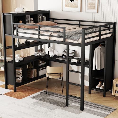 Full Loft Bed with Desk, Storage Shelves, and Wardrobe, Heavy-Duty Frame, Black K6320