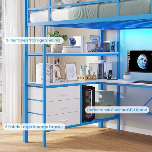 Loft Bed Full Size with L-Shaped Desk and Charging Station G796