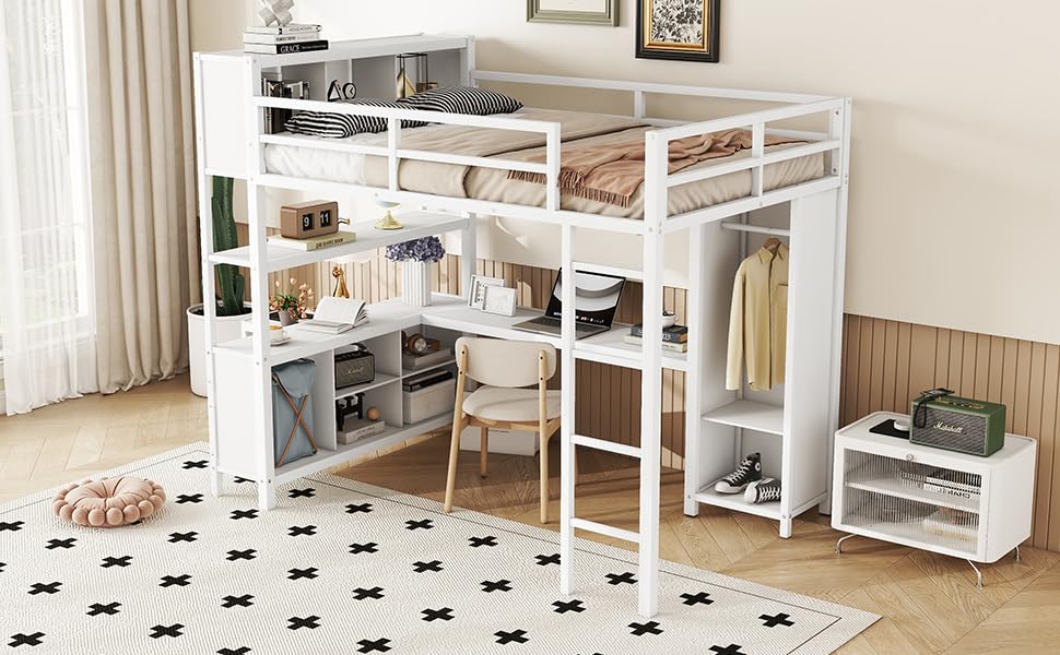 Metal Loft Bed with Wardrobe and L-Shaped Desk, Full Size with Storage Cubes and Shelves J450846